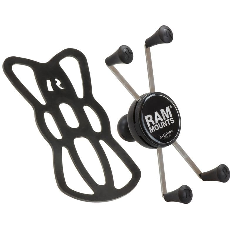 Black RAM X-Grip phone mount with a flexible rubber cradle and adjustable arms.