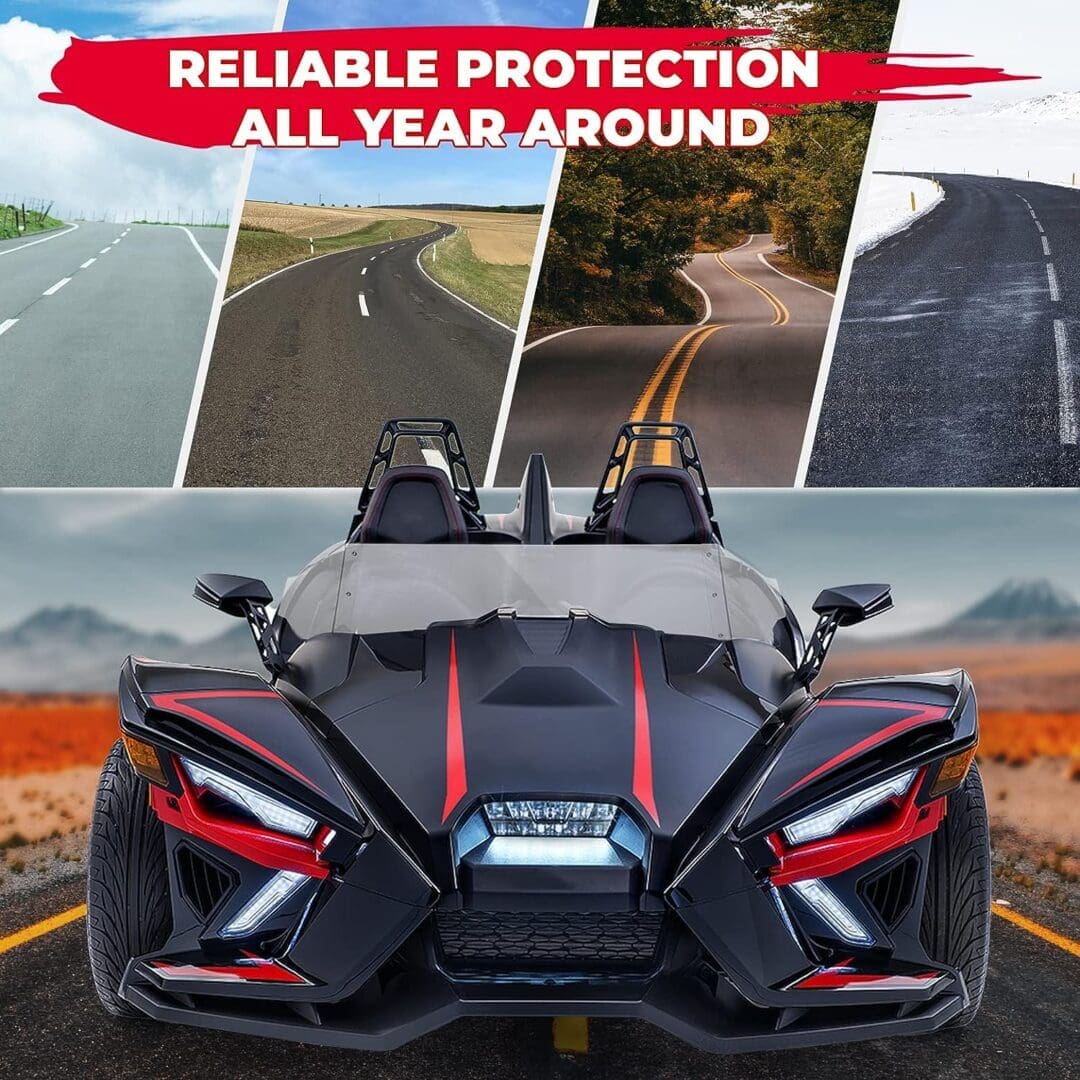 A sleek black three-wheeled vehicle under a tent, highlighting year-round protection.