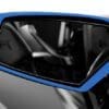 Close-up of a sleek blue and black car side mirror.