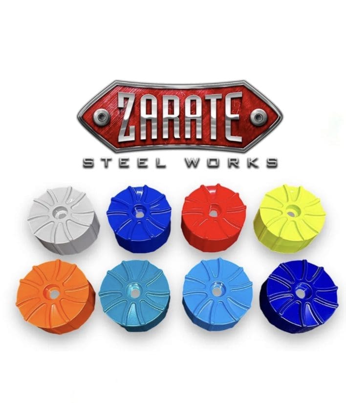 Colorful steel washers from Zorate Steel Works arranged in a pattern.