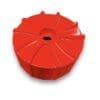 Red plastic water sprinkler head with curved fins.