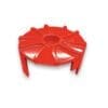 Red plastic circular object with multiple grooves and legs.