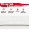 Packaging highlighting strengthened polycarbonate with key resistance features.