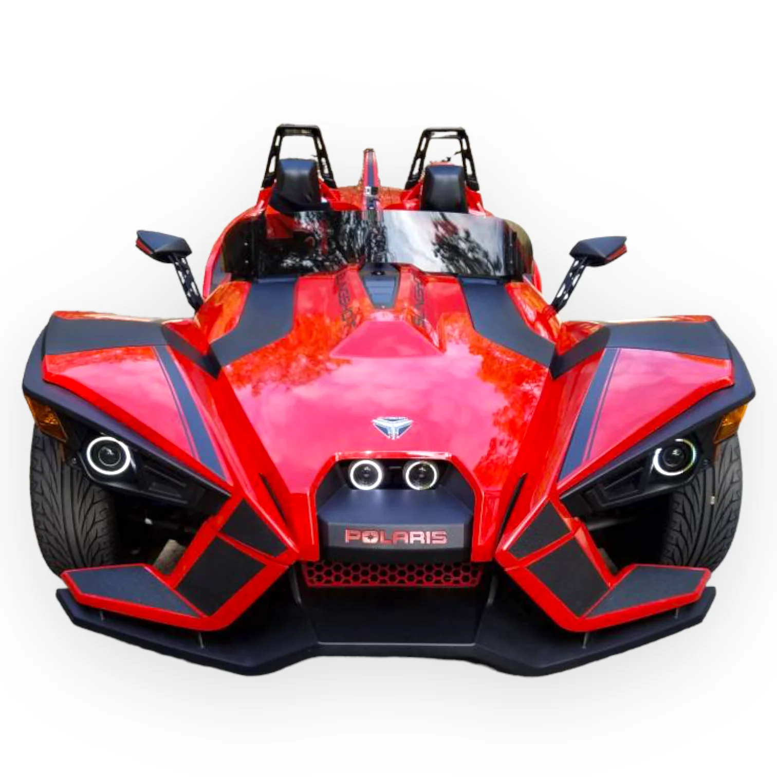 A sleek red and black three-wheeled sports car with two seats.