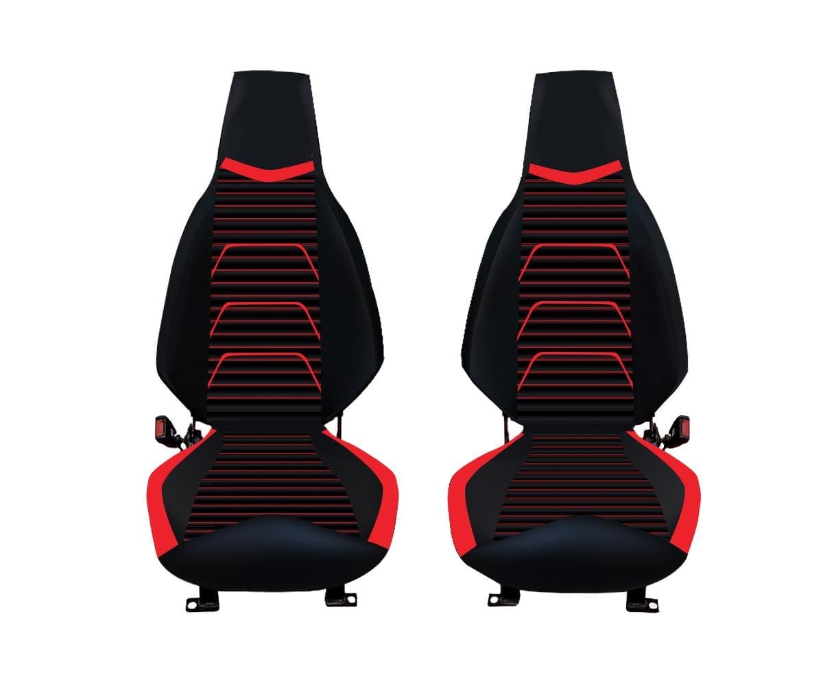 Pair of black and red ergonomic car seats with modern design.