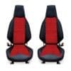 Pair of black and red car seats with sporty design.