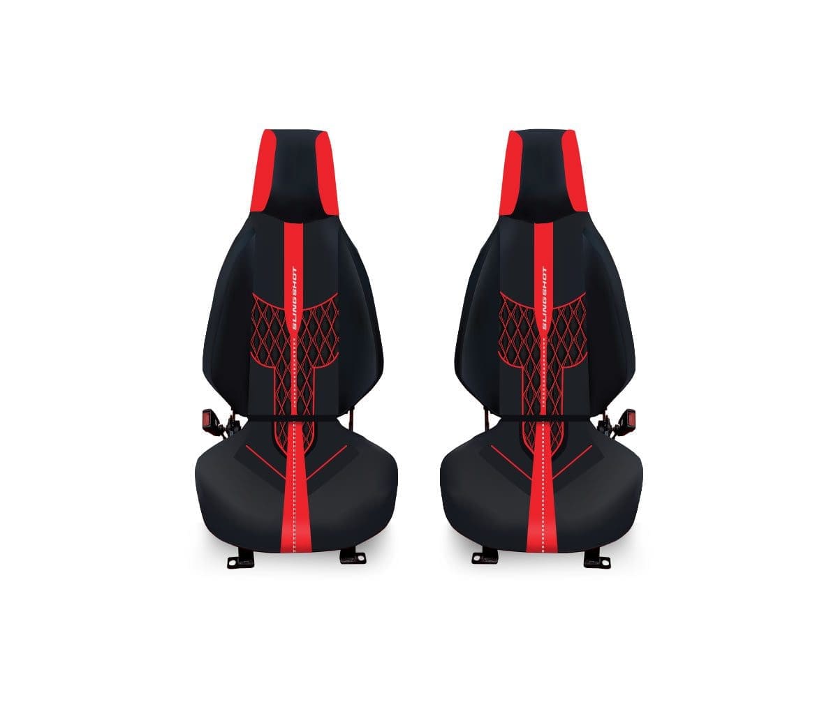 Two black and red car seat covers with sporty design.