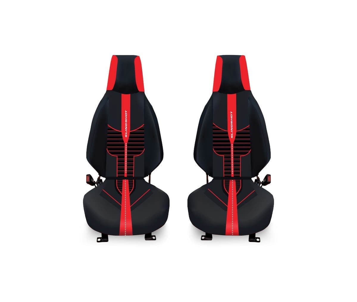 Two black and red car seats with safety belts, side by side.