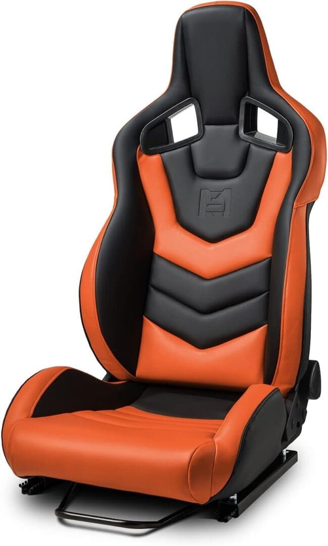 Ergonomic orange and black gaming chair seat.