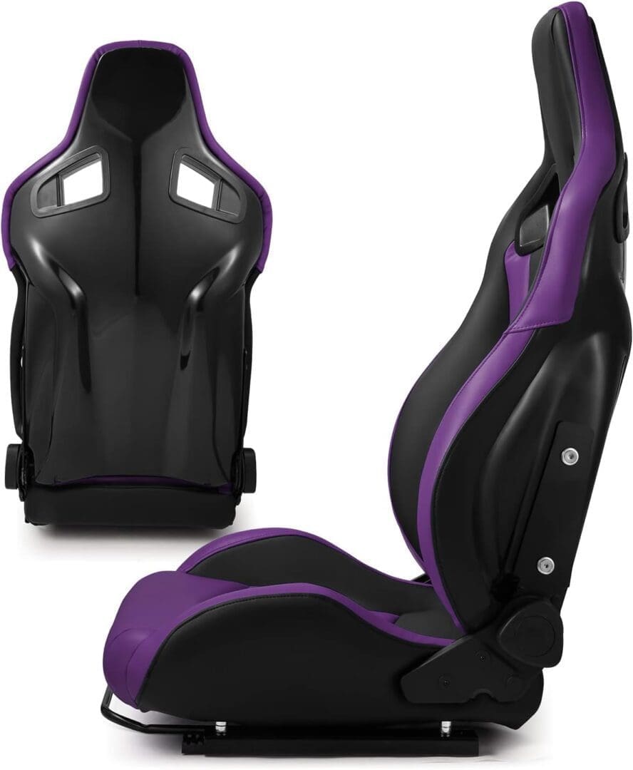 Black and purple racing-style gaming chair with ergonomic design.