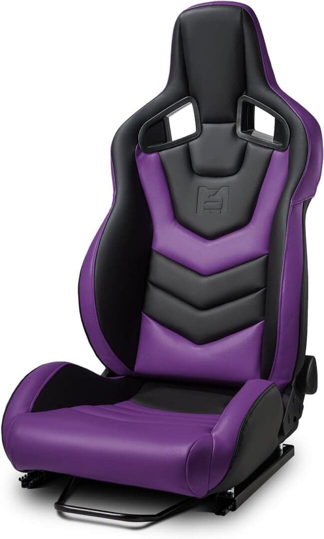 Ergonomic gaming chair with purple and black design.