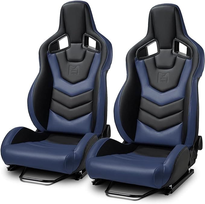 Two black and blue racing car seats with headrests.