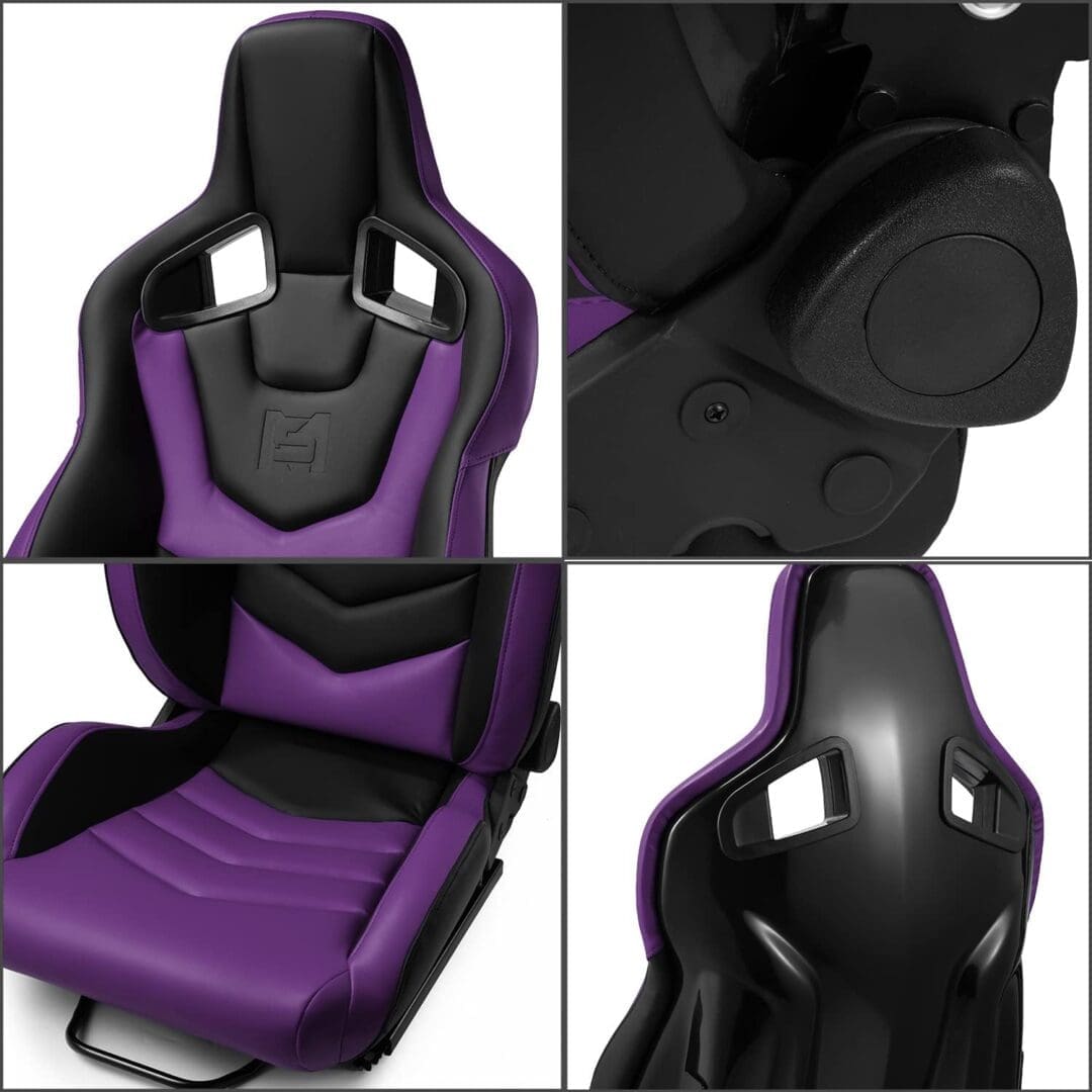 A sleek black and purple gaming chair with ergonomic features.