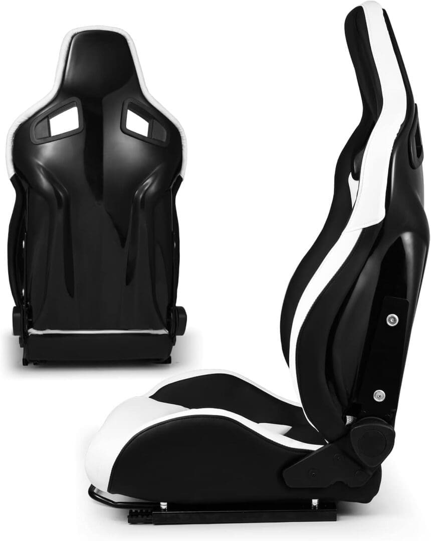 Black and white ergonomic gaming chair with high backrest and cutouts.