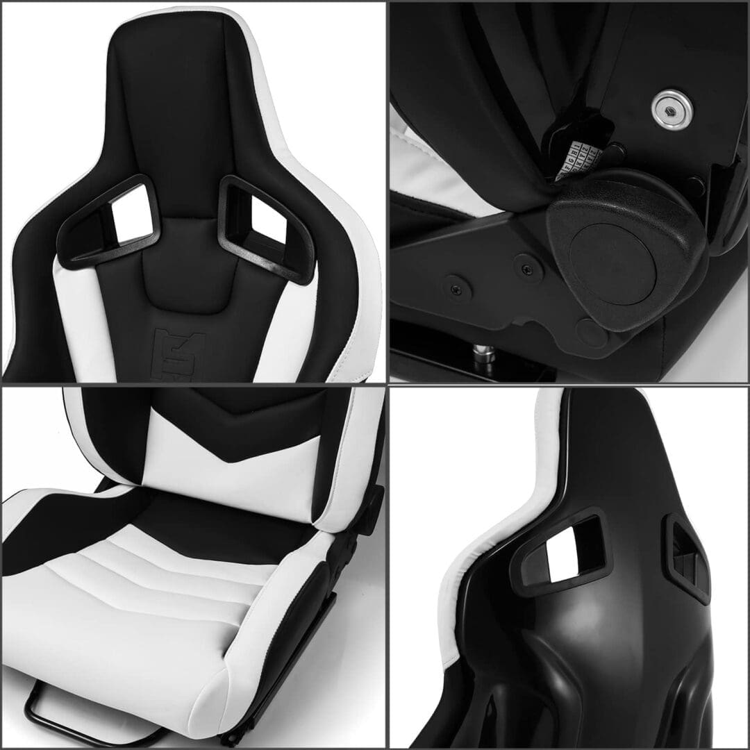 Collage of ergonomic black and white gaming chair details.