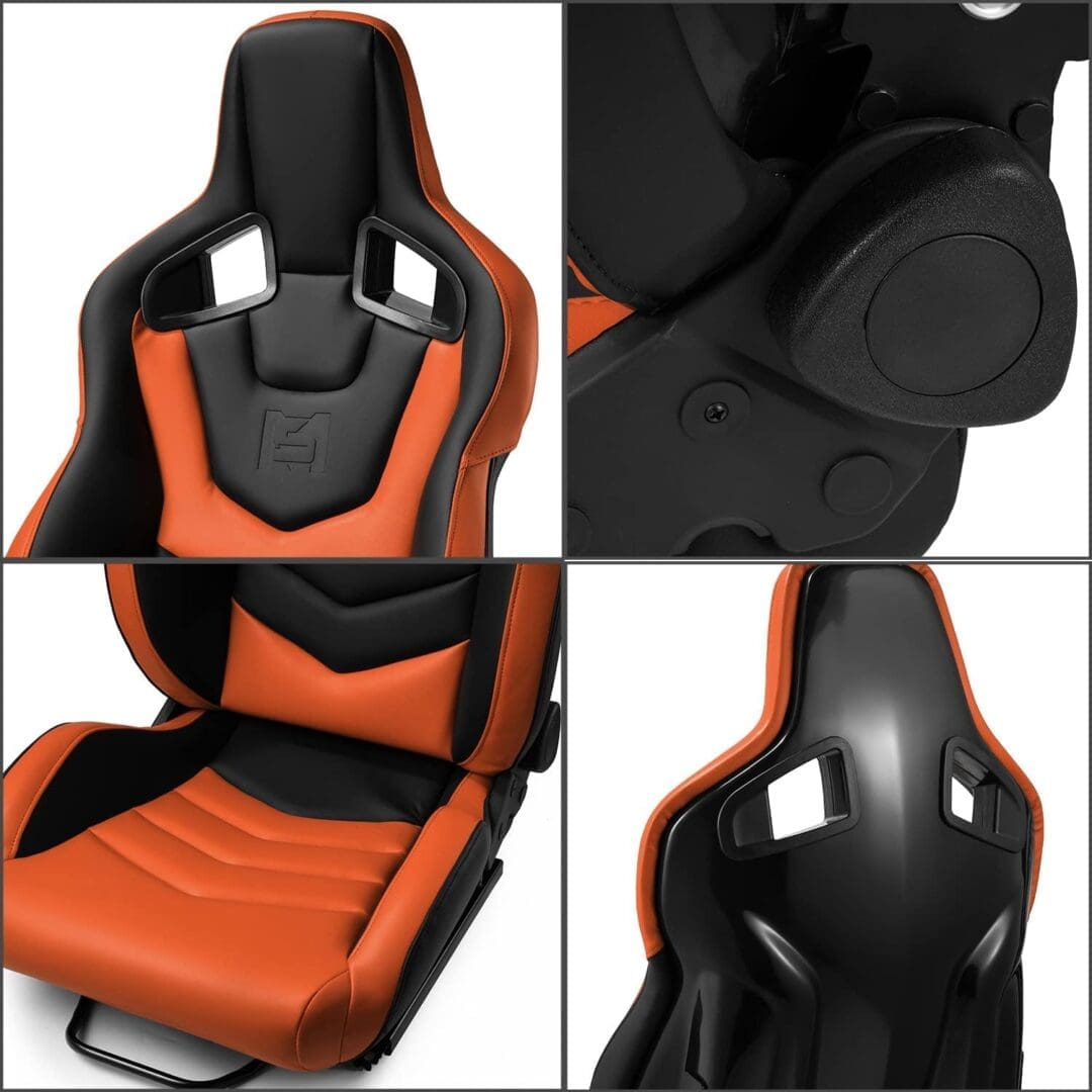 Black and orange ergonomic gaming chair with detailed stitching and adjustable features.