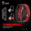 Battery cable kit with red and black cables, connectors, and mounting bracket.