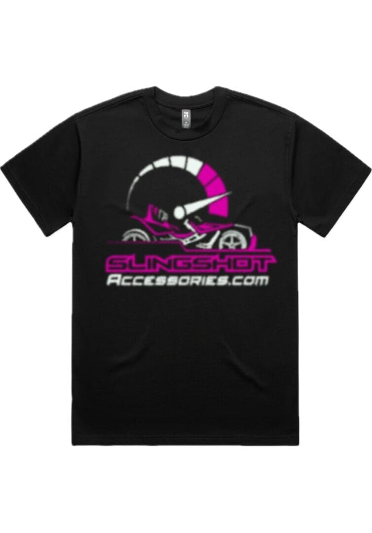 Black t-shirt with pink and white racing-themed logo and text.