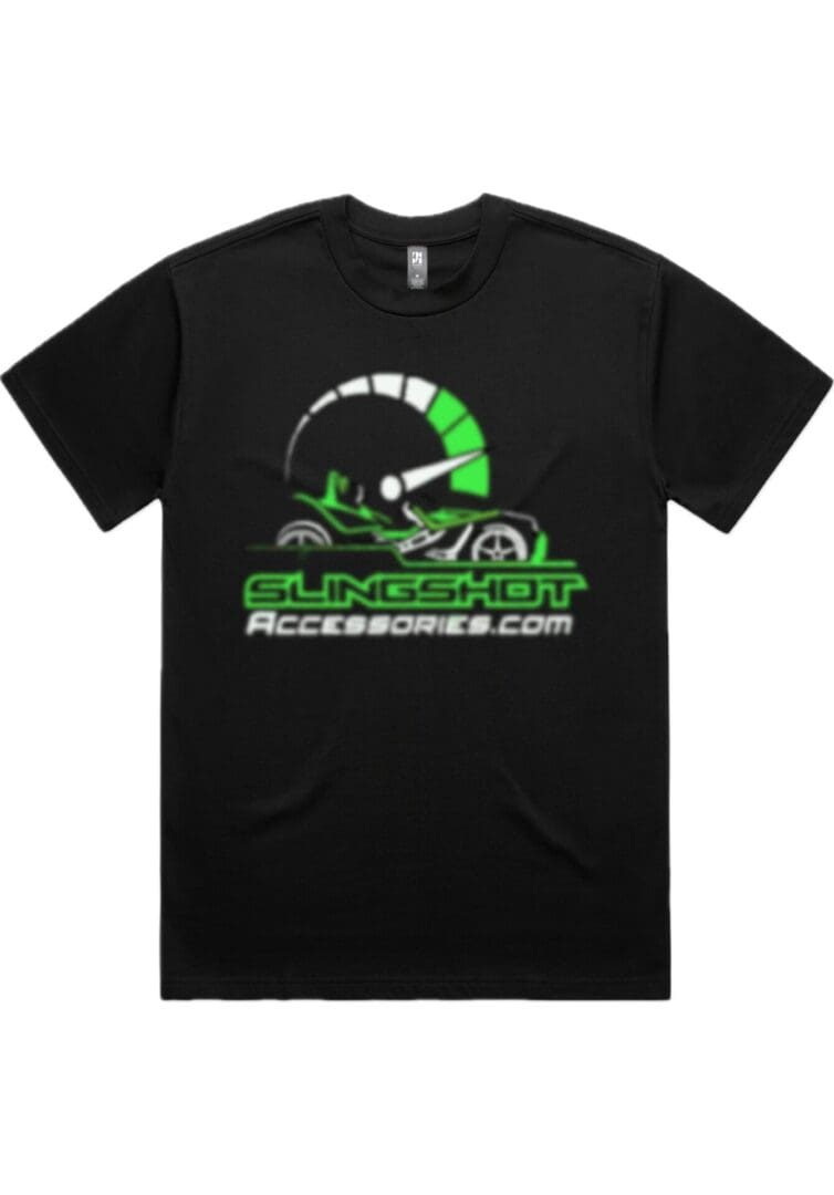 Black t-shirt with green and white racing-themed graphics and text.