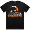 Black T-shirt with Slingshot Accessory logo and orange design.