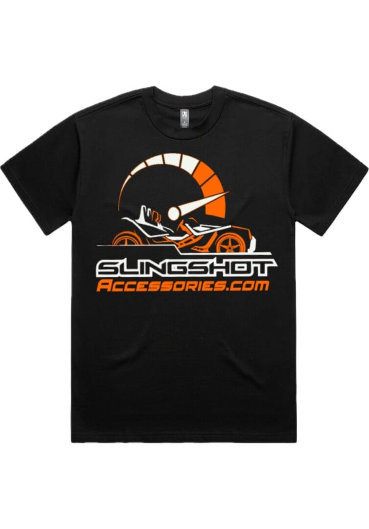 Black T-shirt with Slingshot Accessory logo and orange design.