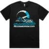 Black t-shirt with a blue and white graphic logo and website text.