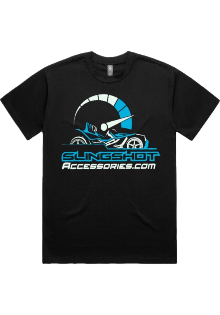 Black t-shirt with a blue and white graphic logo and website text.