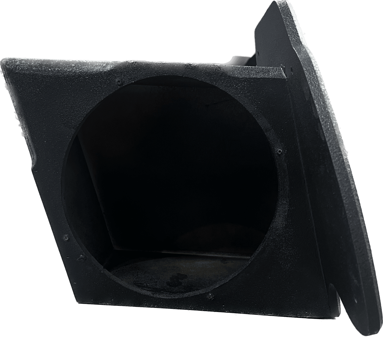 Empty black speaker cabinet with angled opening.