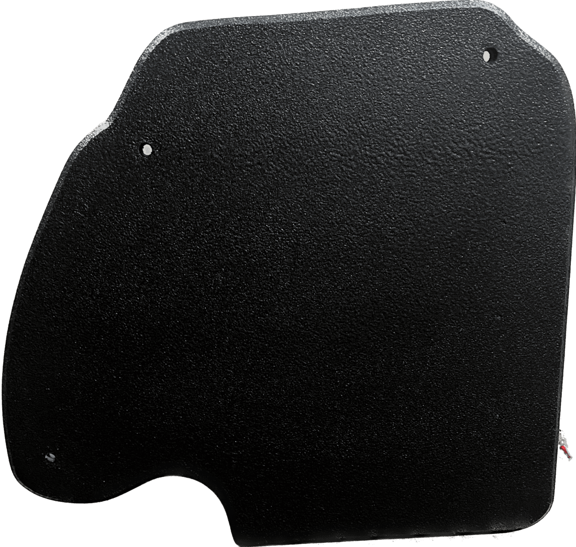 Black car splash guard with mounting holes.