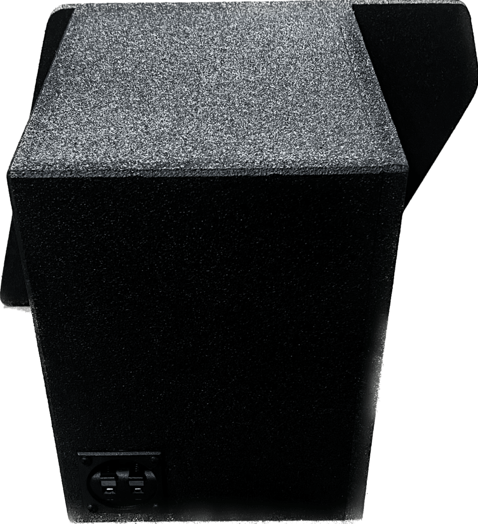 A black computer tower with a gray top panel.