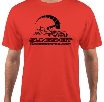 Red T-shirt with a black graphic and text design.