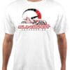 White T-shirt with a red and black esports logo design.