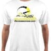 White t-shirt with a graphic design featuring a stylized helmet and yellow accents.