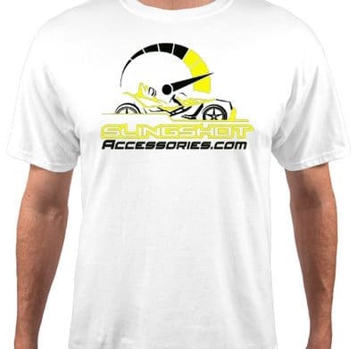 White t-shirt with a graphic design featuring a stylized helmet and yellow accents.