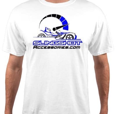 White T-shirt with a blue and black logo and text design.