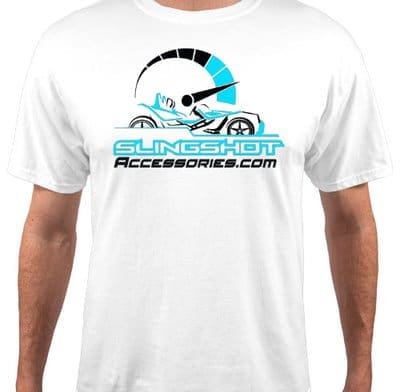 White t-shirt with a blue and black racing-themed graphic and text.