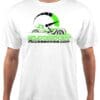White t-shirt with a green and black racing-themed graphic design.