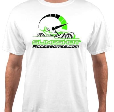 White t-shirt with a green and black racing-themed graphic design.