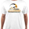 White t-shirt with a vintage motorbike and helmet graphic design.