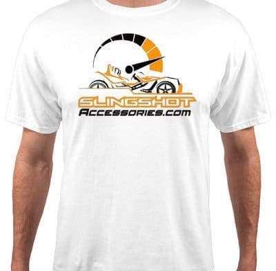 White t-shirt with a vintage motorbike and helmet graphic design.