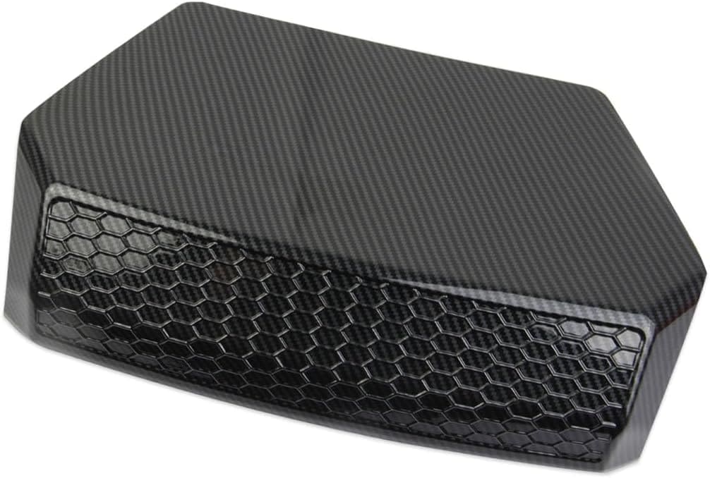 Close-up of a black carbon fiber car hood with a mesh vent.