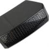 Black mesh grille speaker with a sleek design.