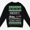 IMG_8559 Black Christmas sweater with green and white festive patterns and 'MERRY SLING-MAS' text.