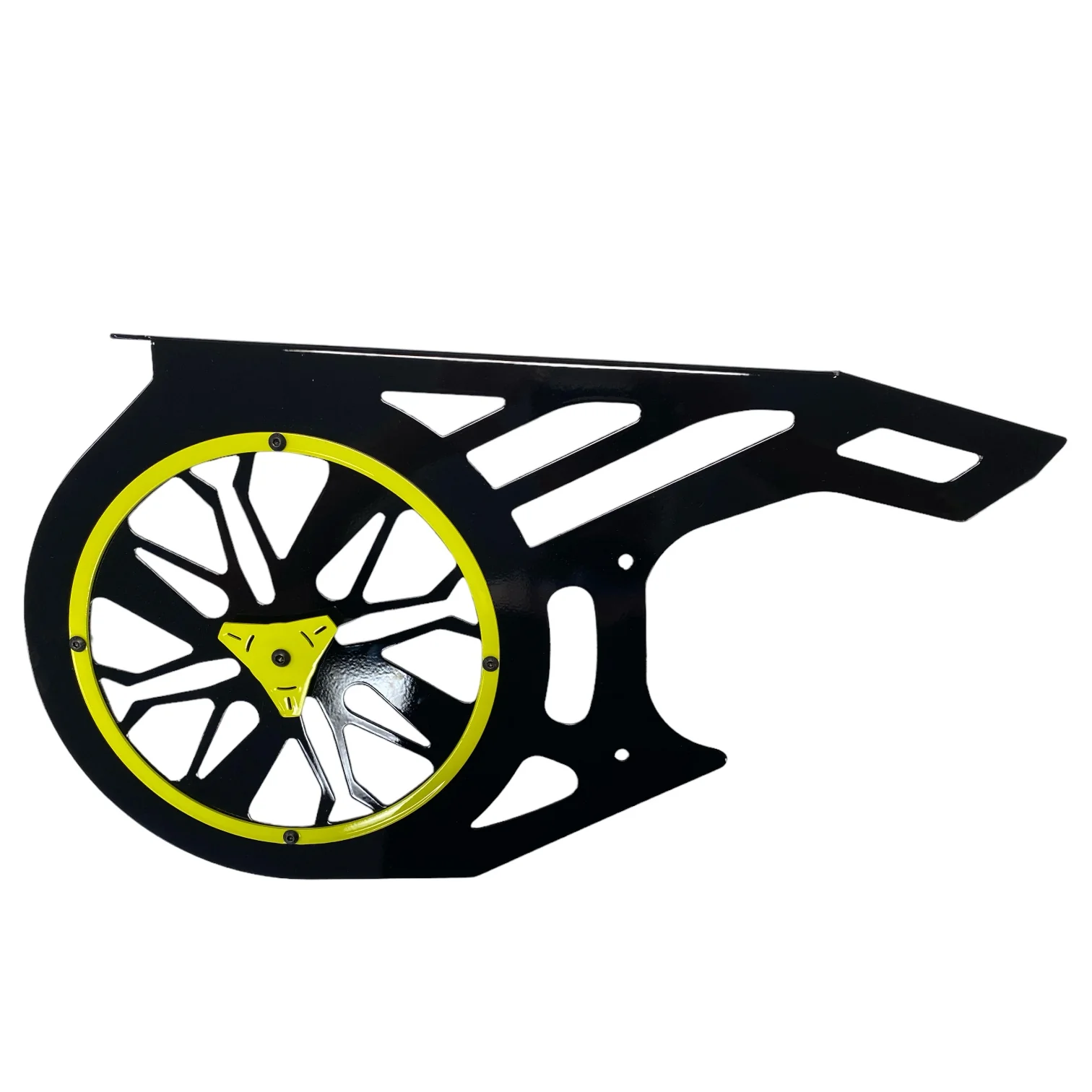 Sleek black and yellow bike fender with aerodynamic design.