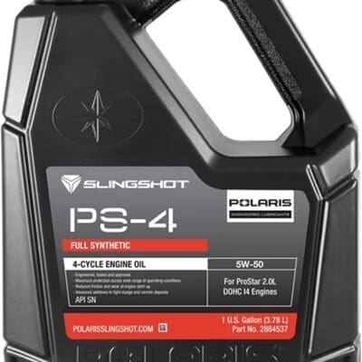 A black container of Polaris PS-4 synthetic 4-stroke oil for snowmobiles.