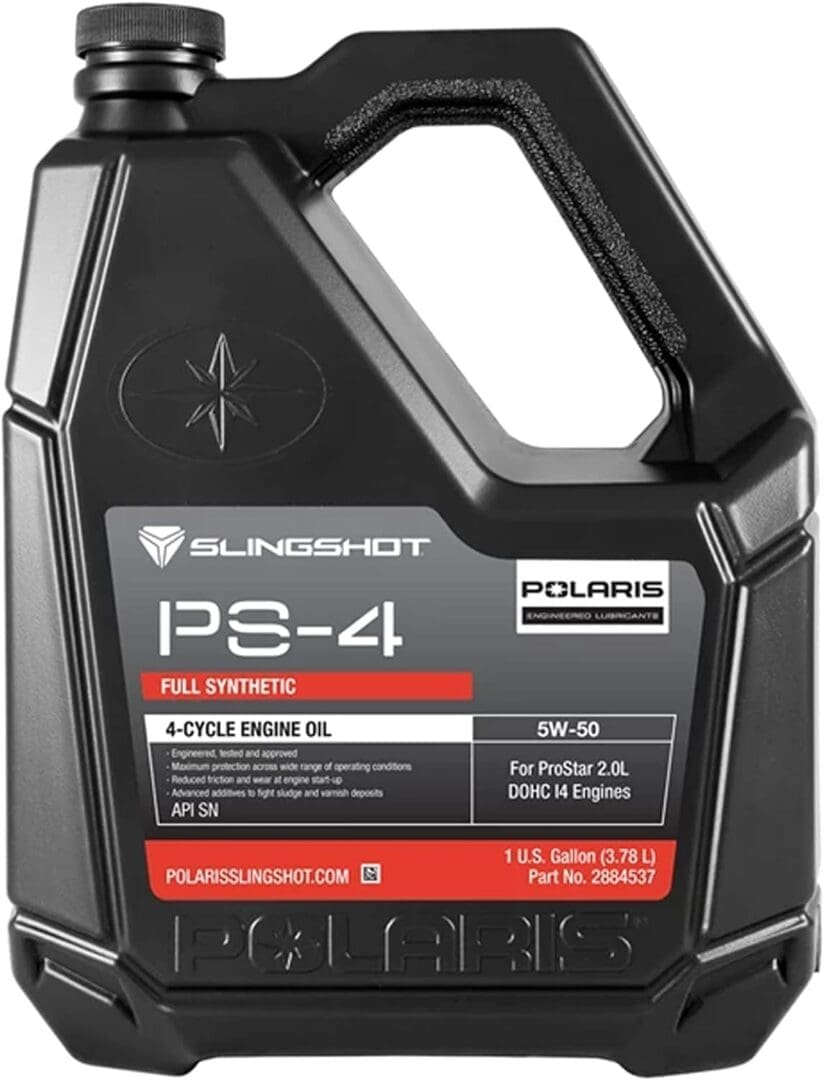 A black container of Polaris PS-4 synthetic 4-stroke oil for snowmobiles.
