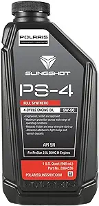 Container of Slingshot PC-4T full synthetic motor oil for 4-cycle engines.