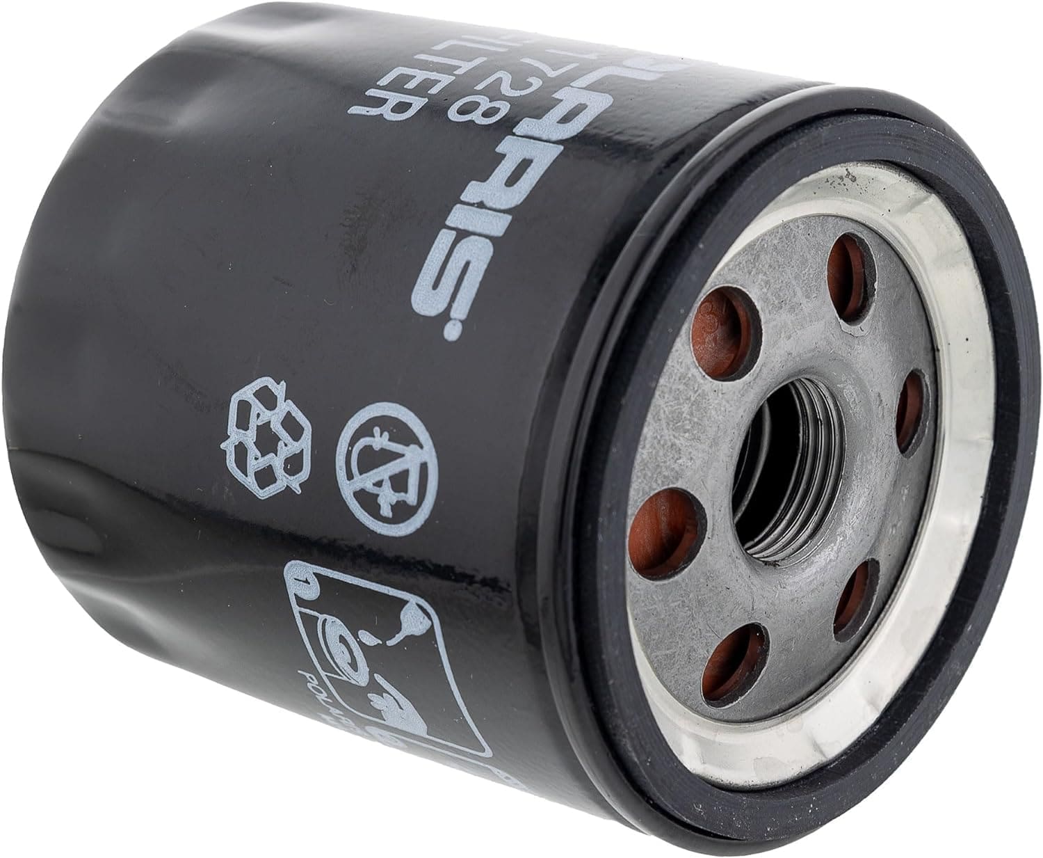 Close-up of a black automotive oil filter with multiple holes and symbols.