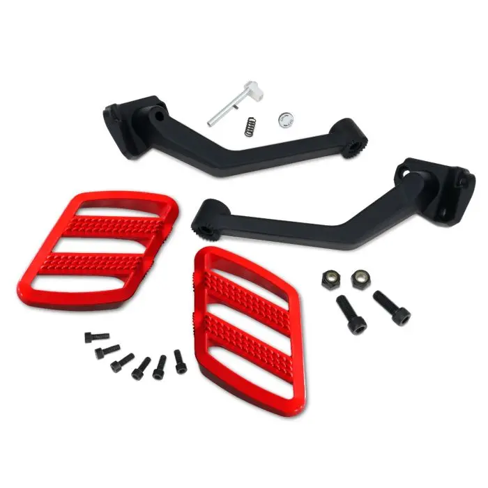 Set of black and red footrests with mounting hardware.