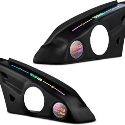 Two black automotive headlights with sleek design and colored accents.